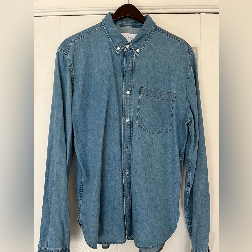 Men’s cotton chambray shirt from Sandro marked XL but fits like a slim Medium.